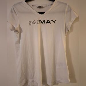 PUMA Women's White V-Neck Logo Tee